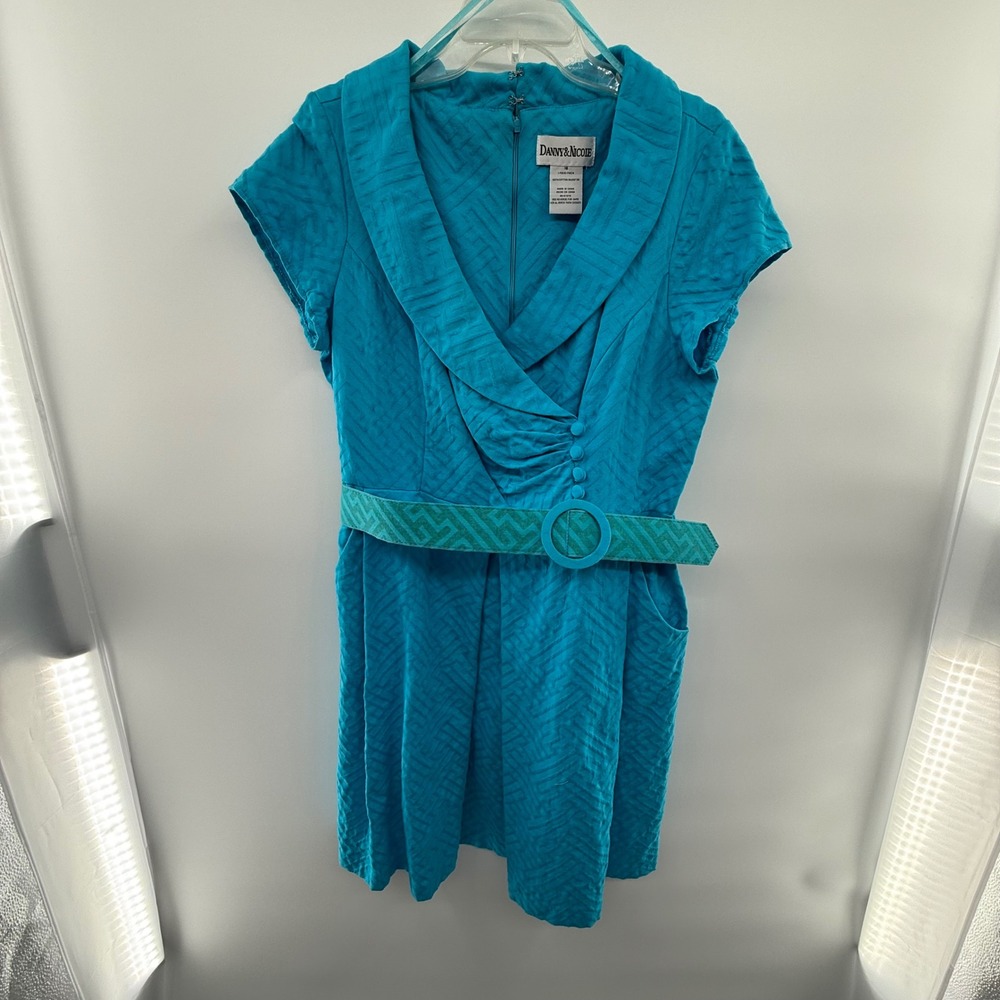 Y2K Danny & Nicole Women's 16 Turquoise Belted Dress 60s Mod Retro Vintage